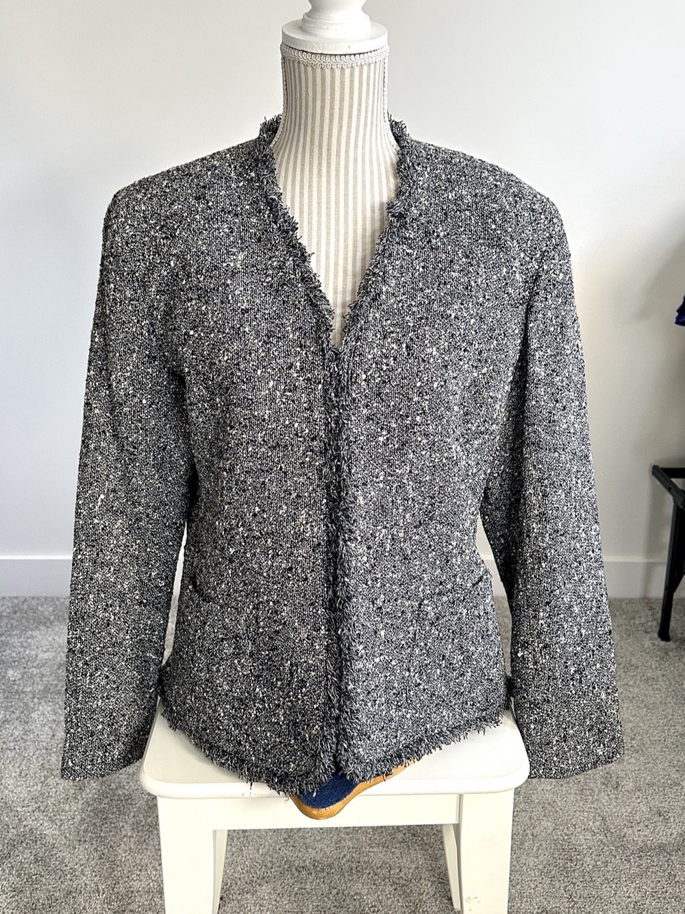 Gerard Darel Wool Tweed Boucle Jacket Fringe Trim Collarless Made in France 46